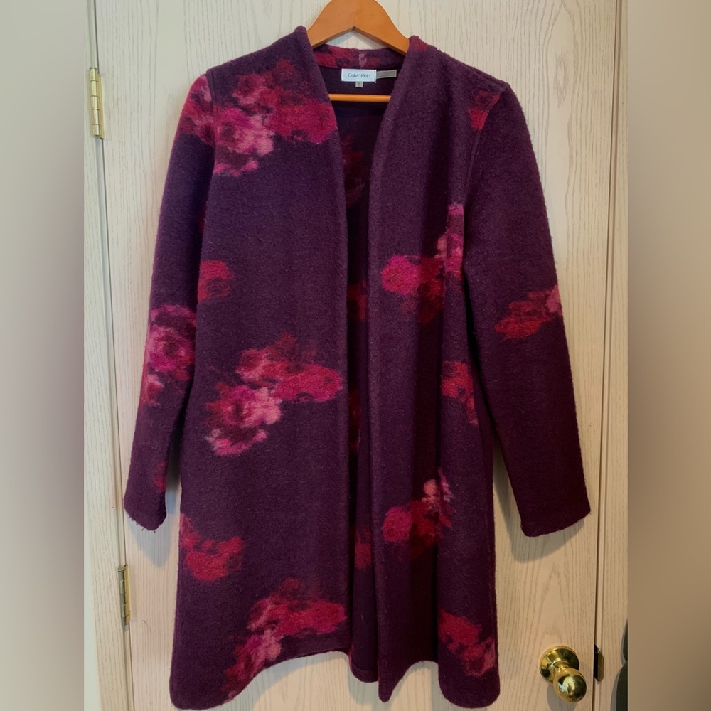 Calvin Klein Floral Print Wool Blend Coat Medium